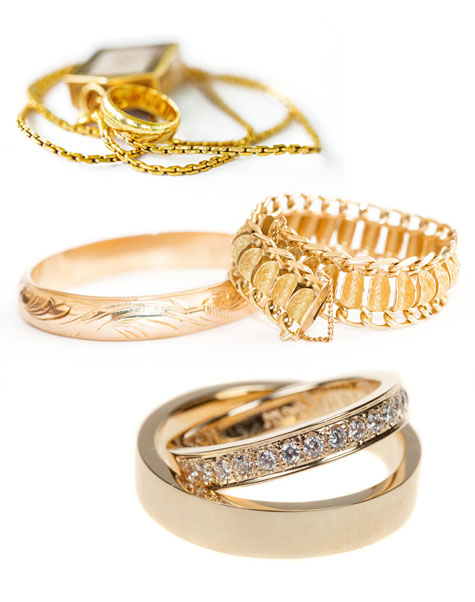 Collection of gold rings and wedding bands with diamond accents